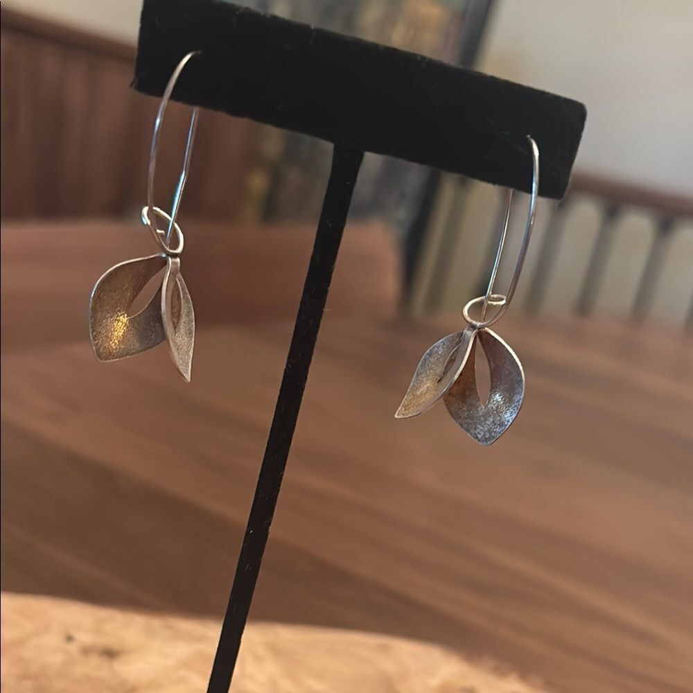 Artsist Signed Silver Leaf Earrings